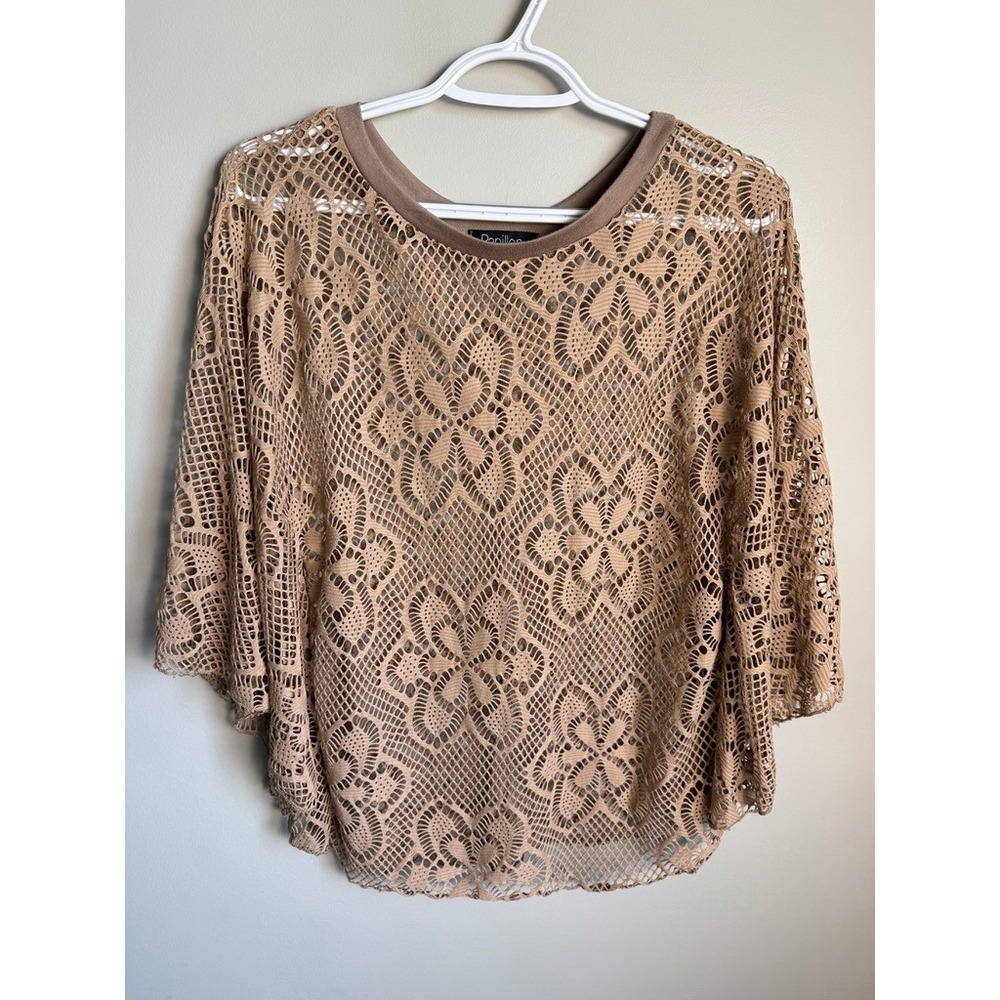 Papillon Tan Open Knit Crochet Batwing Sleeve Top Small Boho Chic Office Staple